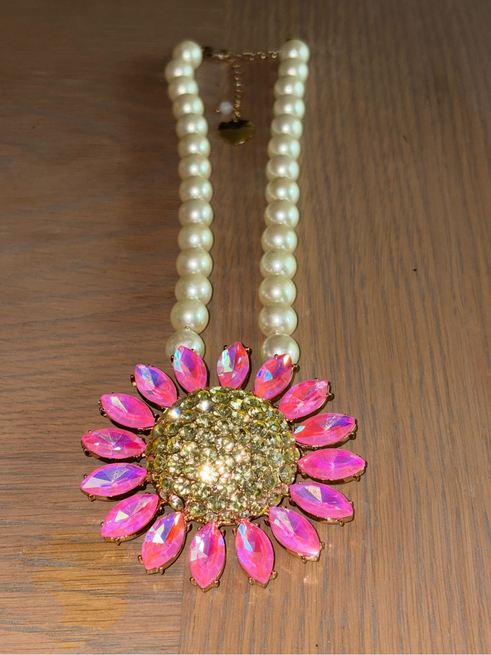 Betsey Johnson Pearl Necklace with Pink Crystal Sunburst Pendant